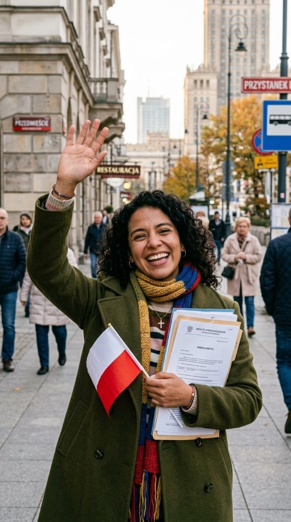 Persona satisfecha con bandera polaca en Varsovia